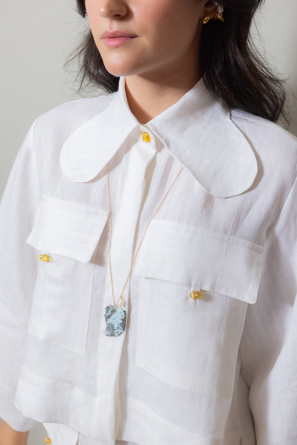COLLAR LARGO DE LARIMAR Y PERLLA